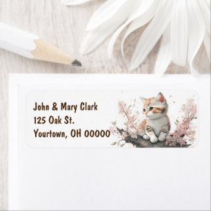 Watercolor Kitten With Pink Flowers Label