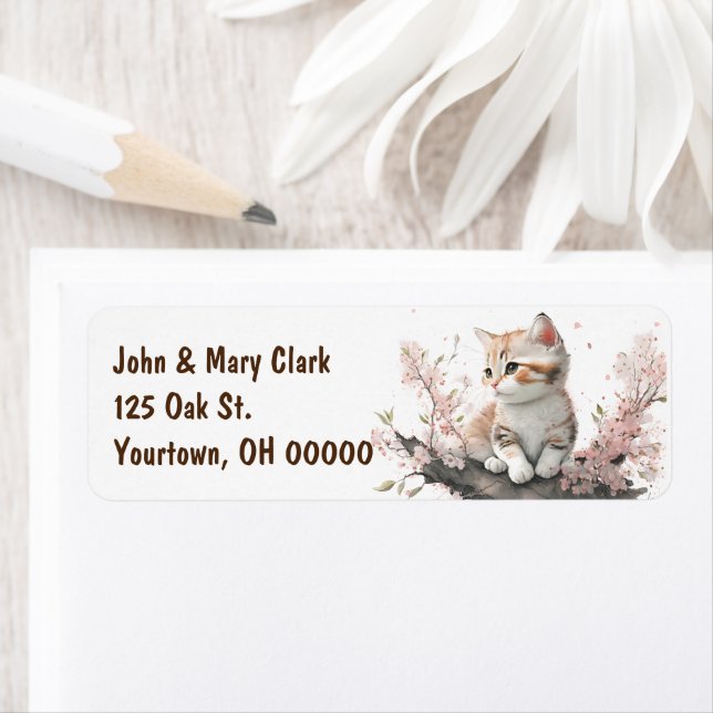 Watercolor Kitten With Pink Flowers Label (Insitu)