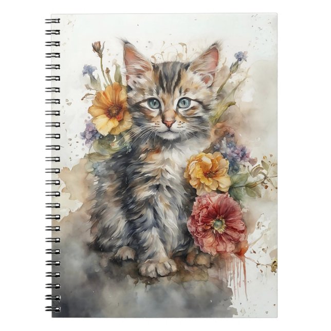 Watercolor Kitten with Wildflowers Spiral  Notebook (Front)