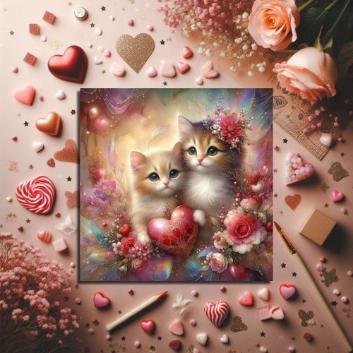 Watercolor Kittens Flowers Hearts Valentine  Holiday Card