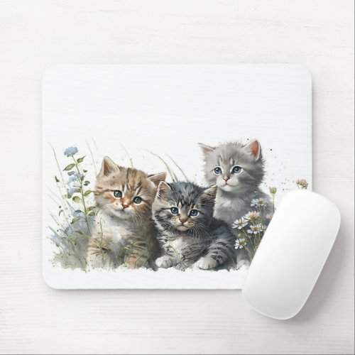 Watercolor Kittens in Wildflowers Mouse Pad