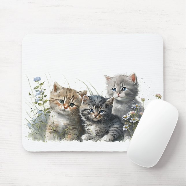 Watercolor Kittens in Wildflowers Mouse Pad (With Mouse)