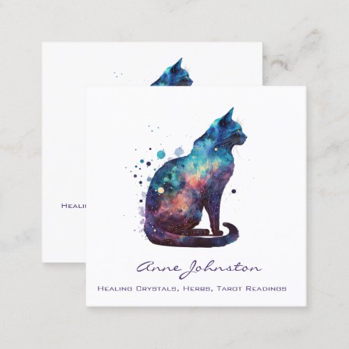 Watercolor Kitty Blue Purple Square Business Card