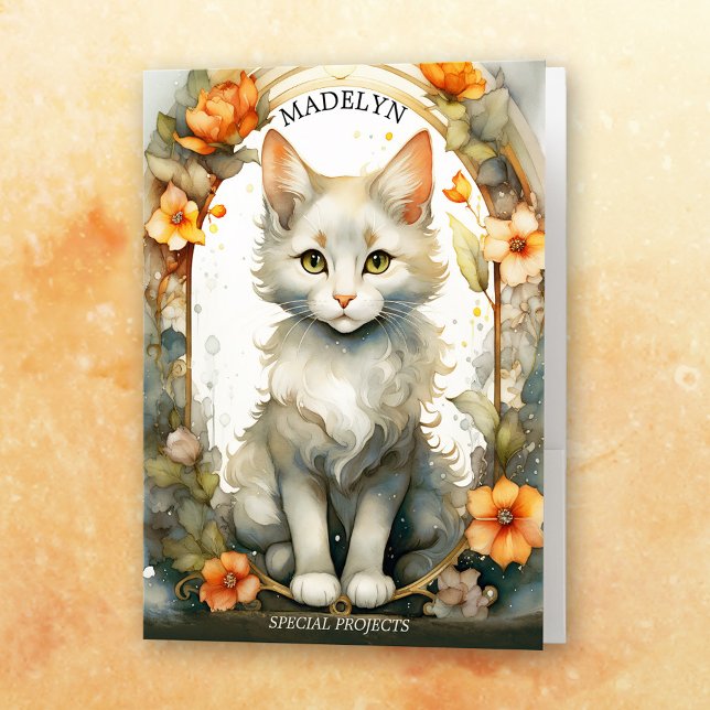 Watercolor Kitty Elegant  Pocket Folder (Pocket folder featuring an adorable watercolor illustration of a kitty with a floral arch)
