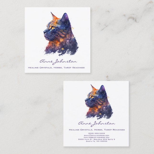 Watercolor Kitty in Purples and Orange Square Business Card (Front/Back)