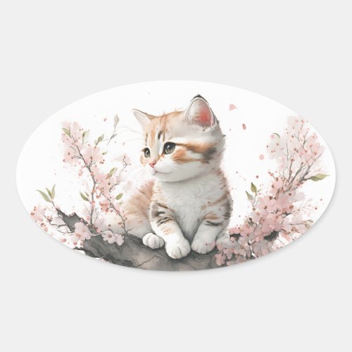 Watercolor Kitty with Pink Flowers Oval Sticker