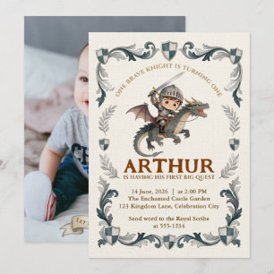 Watercolor Knight Castle Boys 1st Bday Photo Brown Invitation
