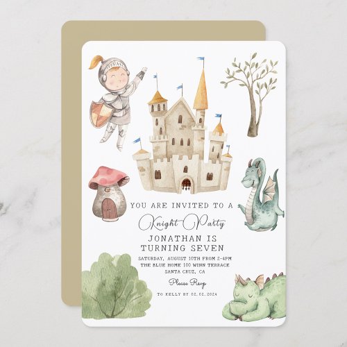 Watercolor Knight Dragon Castle Boy  Birthday  Invitation