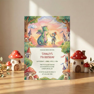 Watercolor Knight Dragon Fairytale Birthday Party Invitation