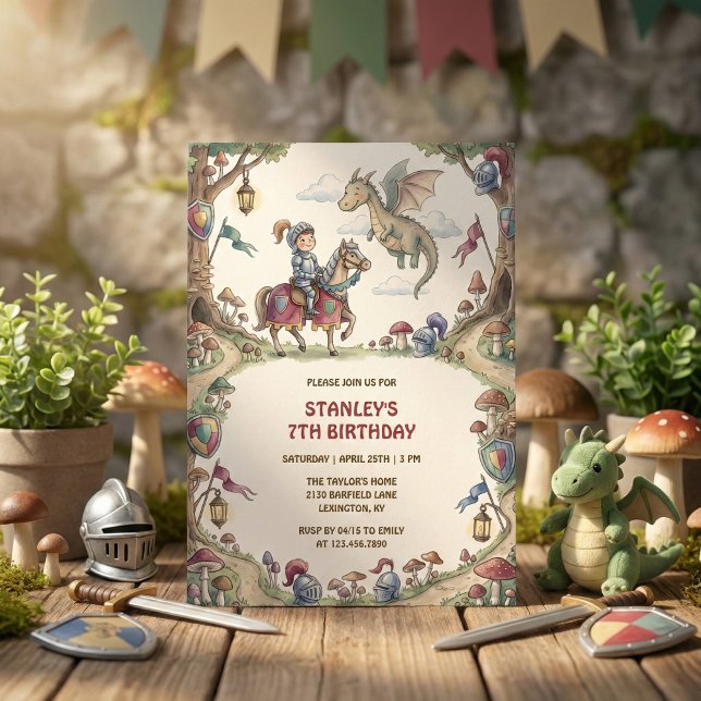Watercolor Knight Dragon Fairytale Boy Birthday Invitation (Watercolor Knight Dragon Fairytale Boy Birthday Invitation)