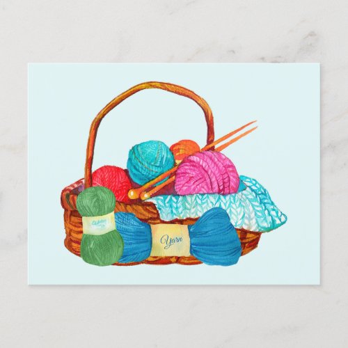 Watercolor Knitting Yarn Basket Postcard