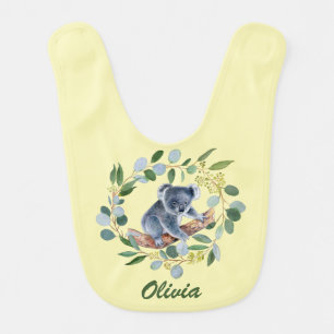 Watercolor Koala and Eucalyptus Wreath Baby Bib