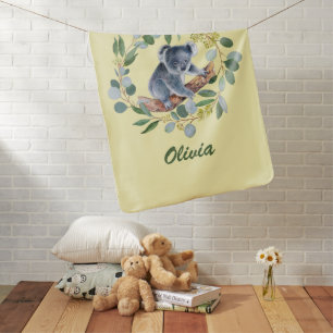 Watercolor Koala and Eucalyptus Wreath Baby Blanket