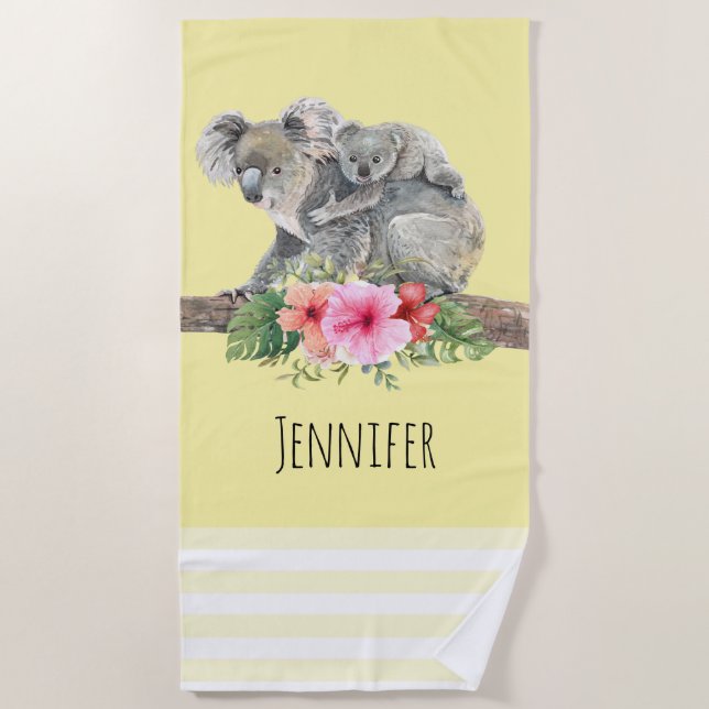 Watercolor Koala Bears Cute Mom & Baby Beach Towel (Front)
