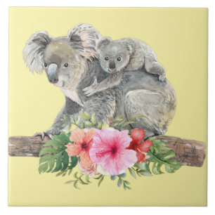 Watercolor Koala Bears Cute Mom & Baby Ceramic Tile