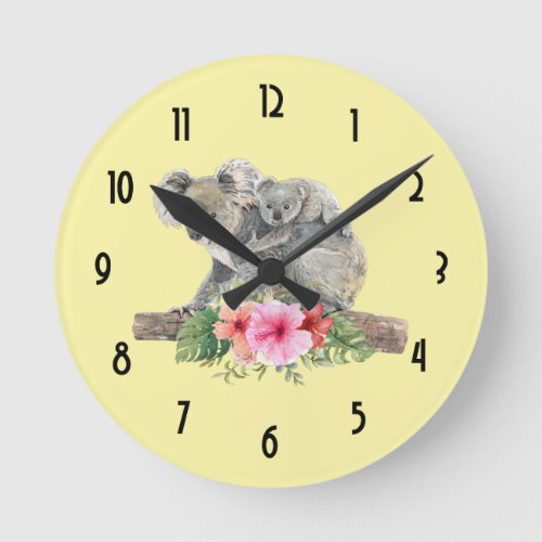 Watercolor Koala Bears Cute Mom  Baby Round Clock