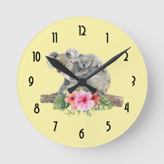 Watercolor Koala Bears Cute Mom & Baby Round Clock (Front)