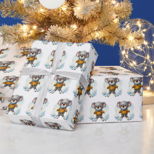 Watercolor Koala Bears Skiing On Snow Wrapping Paper