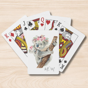 Watercolor Koala Mom Baby Floral Crown Poker Cards
