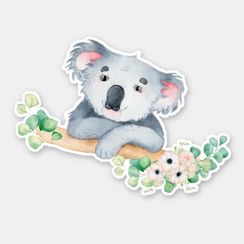 Watercolor koala on branch with gum leaves vinyl sticker