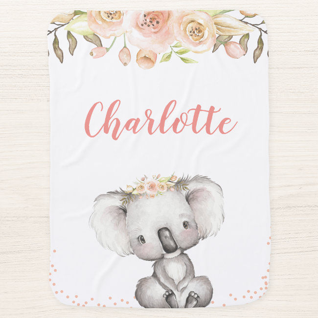 Watercolor Koala Personalized Girl Baby Blanket