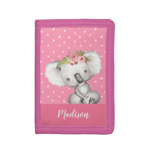 Watercolor Koala Pink Floral Personalized Girl Tri-fold Wallet