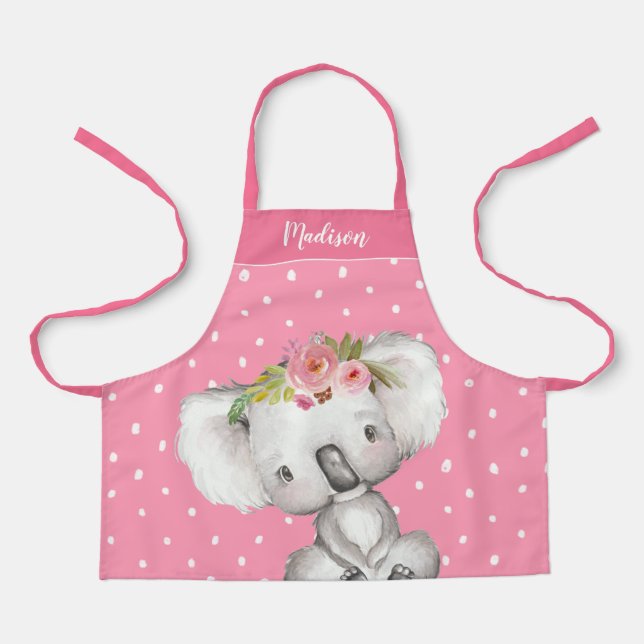 Watercolor Koala Pink Floral Personalized Kids Apron (Front)