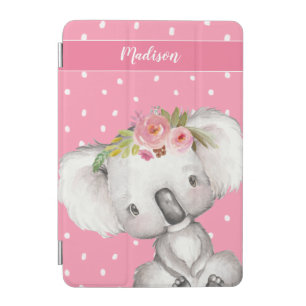 Watercolor Koala Pink Floral Personalized Kids iPad Mini Cover