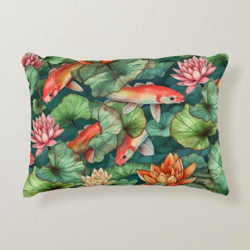 Watercolor Koi and Water Lilies Accent Pillow