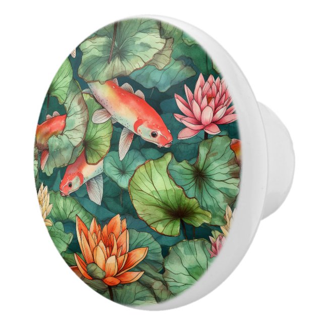 Watercolor Koi and Water Lilies Ceramic Knob (Right)