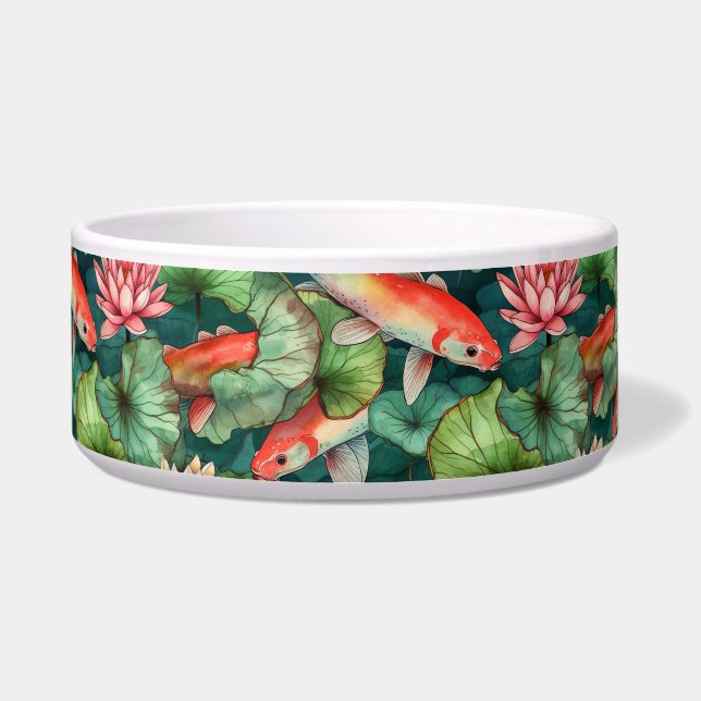 Watercolor Koi and Water Lilies Ceramic Pet Bowl (Front)