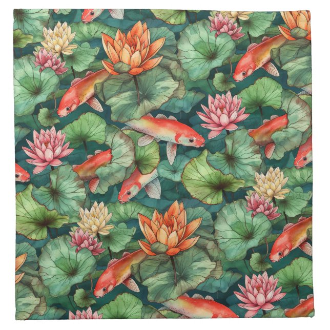 Watercolor Koi and Water Lilies Cloth Napkin (Front)