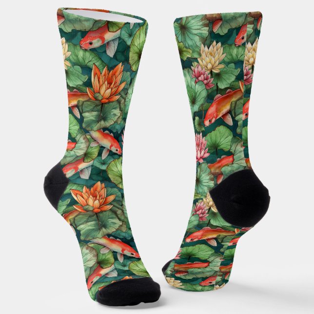 Watercolor Koi and Water Lilies Crew Socks (Angled)