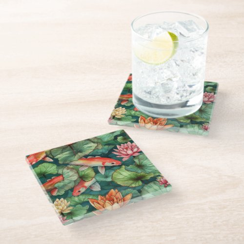 Watercolor Koi and Water Lilies Glass Coaster