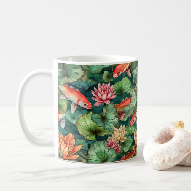 Watercolor Koi and Water Lilies Mug (With Donut)