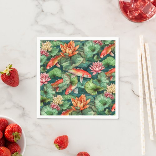 Watercolor Koi and Water Lilies Paper Napkin