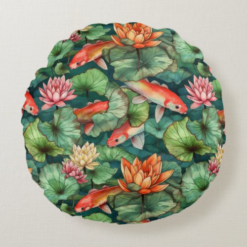 Watercolor Koi and Water Lilies Round Pillow