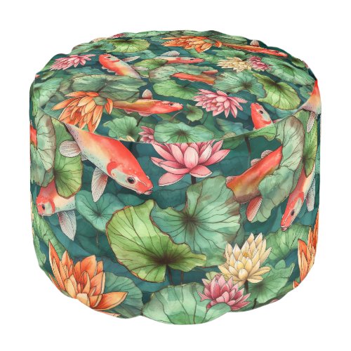 Watercolor Koi and Water Lilies Round Pouf