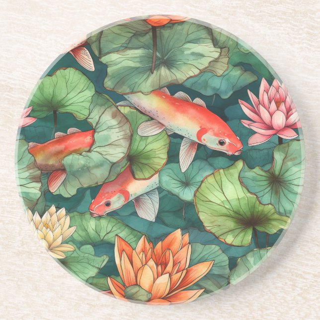 Watercolor Koi and Water Lilies Sandstone Coaster (Front)