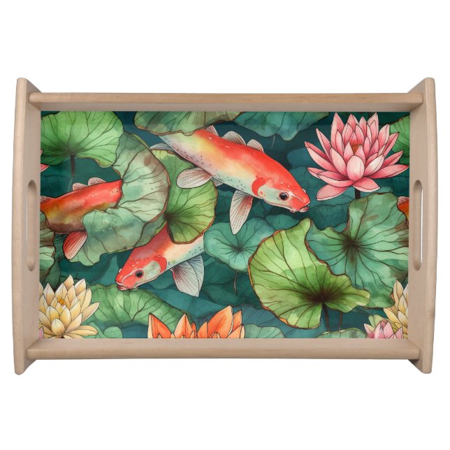 Watercolor Koi and Water Lilies serving tray (Front)