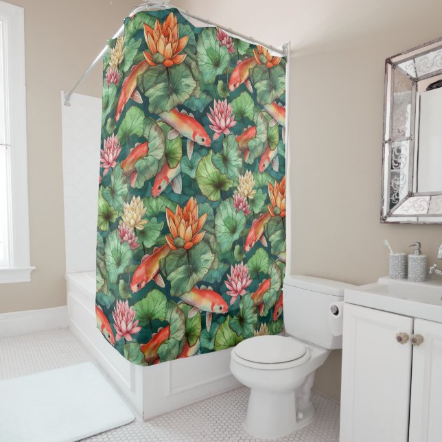 Watercolor Koi and Water Lilies Shower Curtain (In Situ)