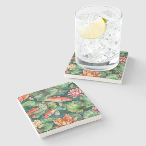 Watercolor Koi and Water Lilies Stone Coaster