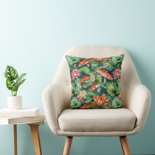 Watercolor Koi and Water Lilies Throw Pillow