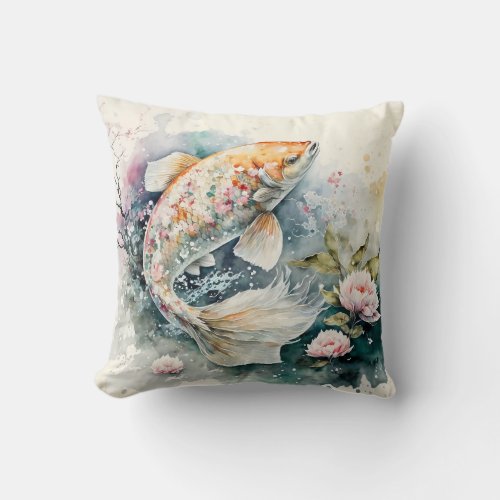 Watercolor Koi Fish Art Throw Pillow