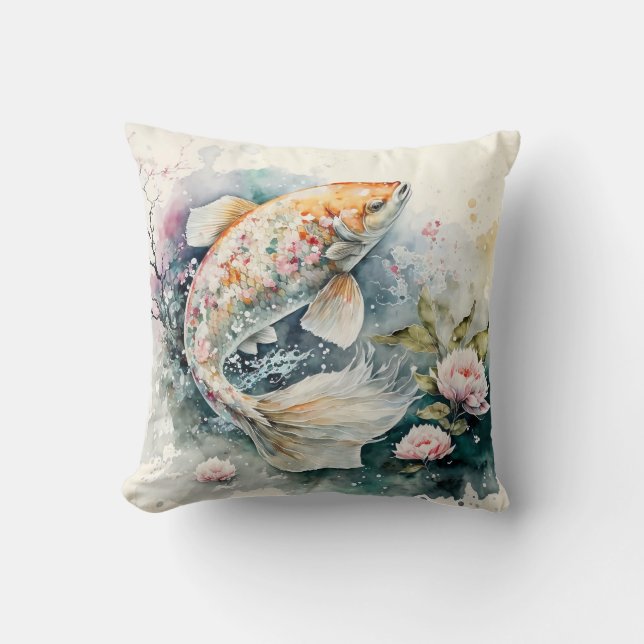 Watercolor Koi Fish Art Throw Pillow (Front)