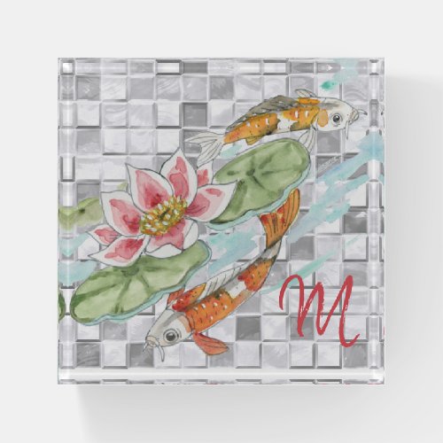 Watercolor Koi Fish Pond Pink Water Lily Monogram Paperweight