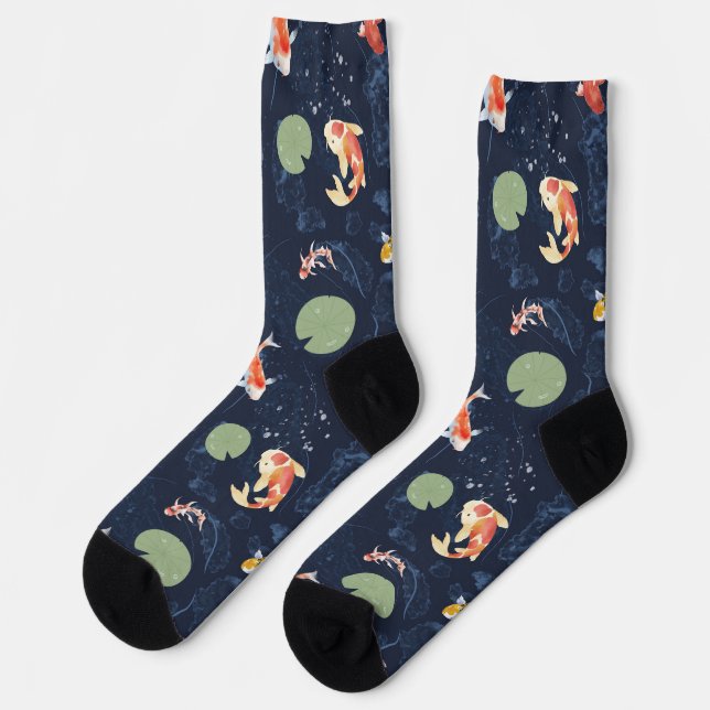 Watercolor Koi Fish Pond Seamless Pattern Socks (Left)