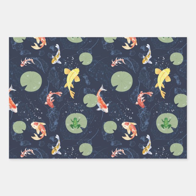 Watercolor Koi Fish Pond Seamless Pattern Wrapping Paper Sheets (Front)