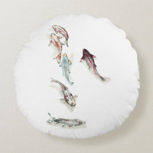 Watercolor Koi Fish Round Pillow