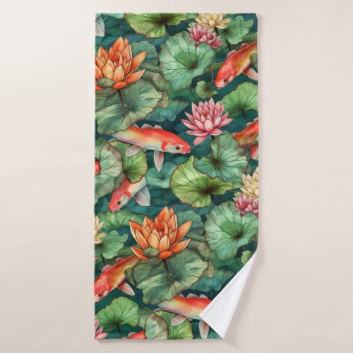 Watercolor Koi  Water Lilies Bath Towel